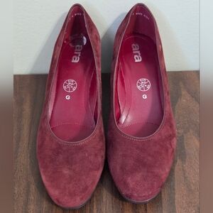 Ara Merlot 🍷Burgundy Suede Round Toe Block Heel Vintage Inspired Pumps Sz 8